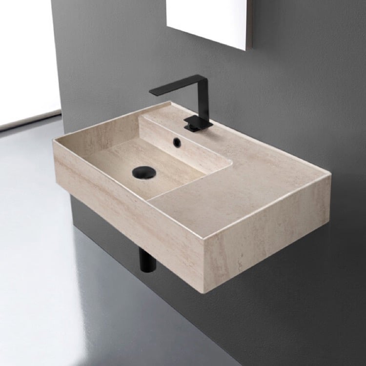 Scarabeo 5114-E Beige Travertine Design Ceramic Wall Mounted or Vessel Sink With Counter Space